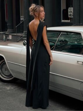 Odd Muse Drape Maxi Dress in black crepe material with scarf - full gown